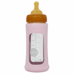 Biberon en verre à col large avec housse de protection Débit moyen | Rose poudré