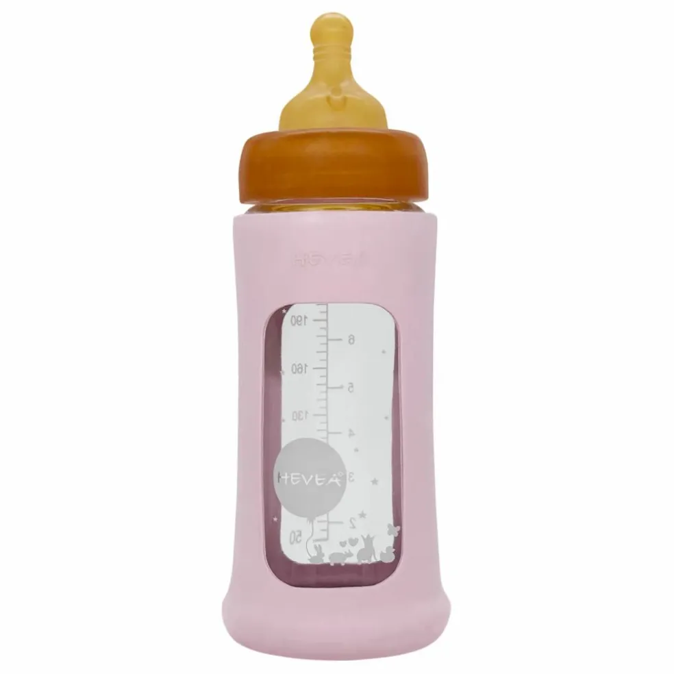 Biberon en verre à col large avec housse de protection Débit moyen | Rose poudré