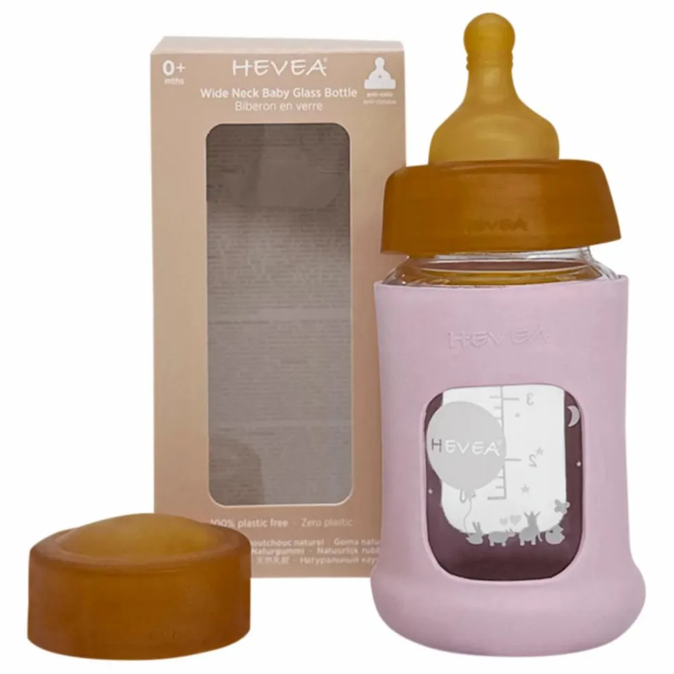 Biberon en verre à col large avec housse de protection Débit lent | Rose poudré
