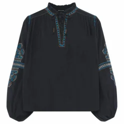 Blouse Manches Longues Brodée Gaze Coton Bio | Noir