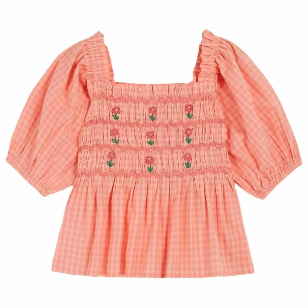Blouse Smockée Vichy Brodée | Rose pêche