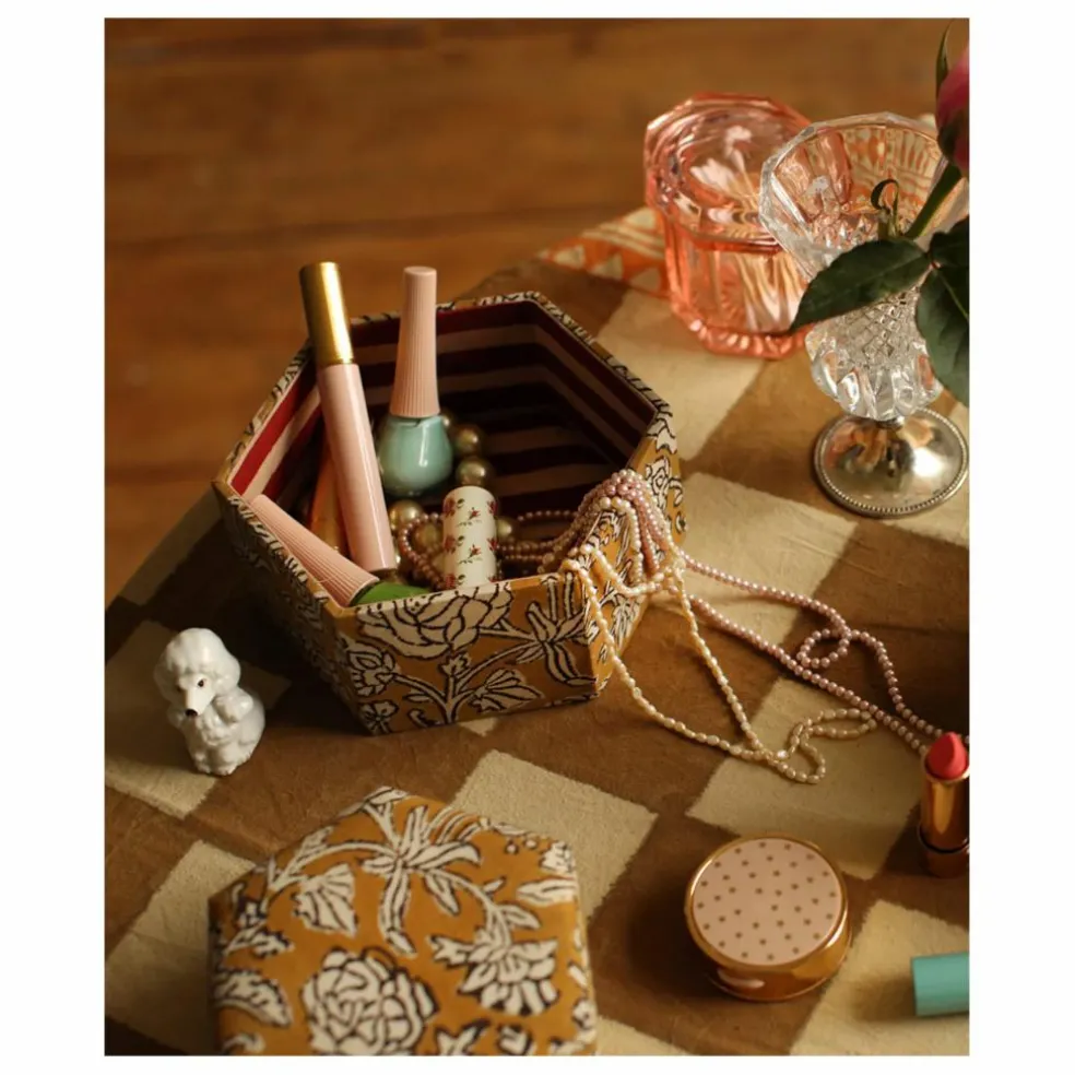 Boites hexagonales Botanical en bois et coton - Set de 2 | Jaune moutarde