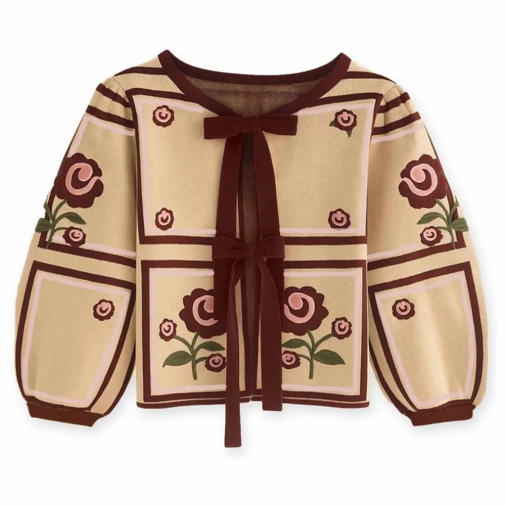 Cardigan Charlotte Fleurs Coton Bio | Ecru
