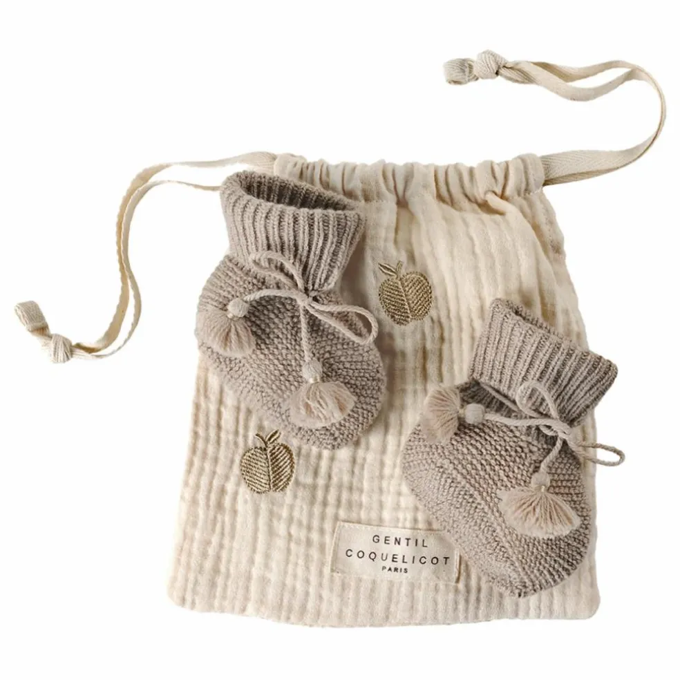 Chaussons en tricot et pochon brodé | Taupe
