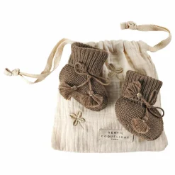 Chaussons en tricot et pochon brodé | Chocolat
