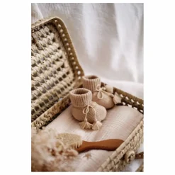 Chaussons en tricot et pochon brodé | Beige