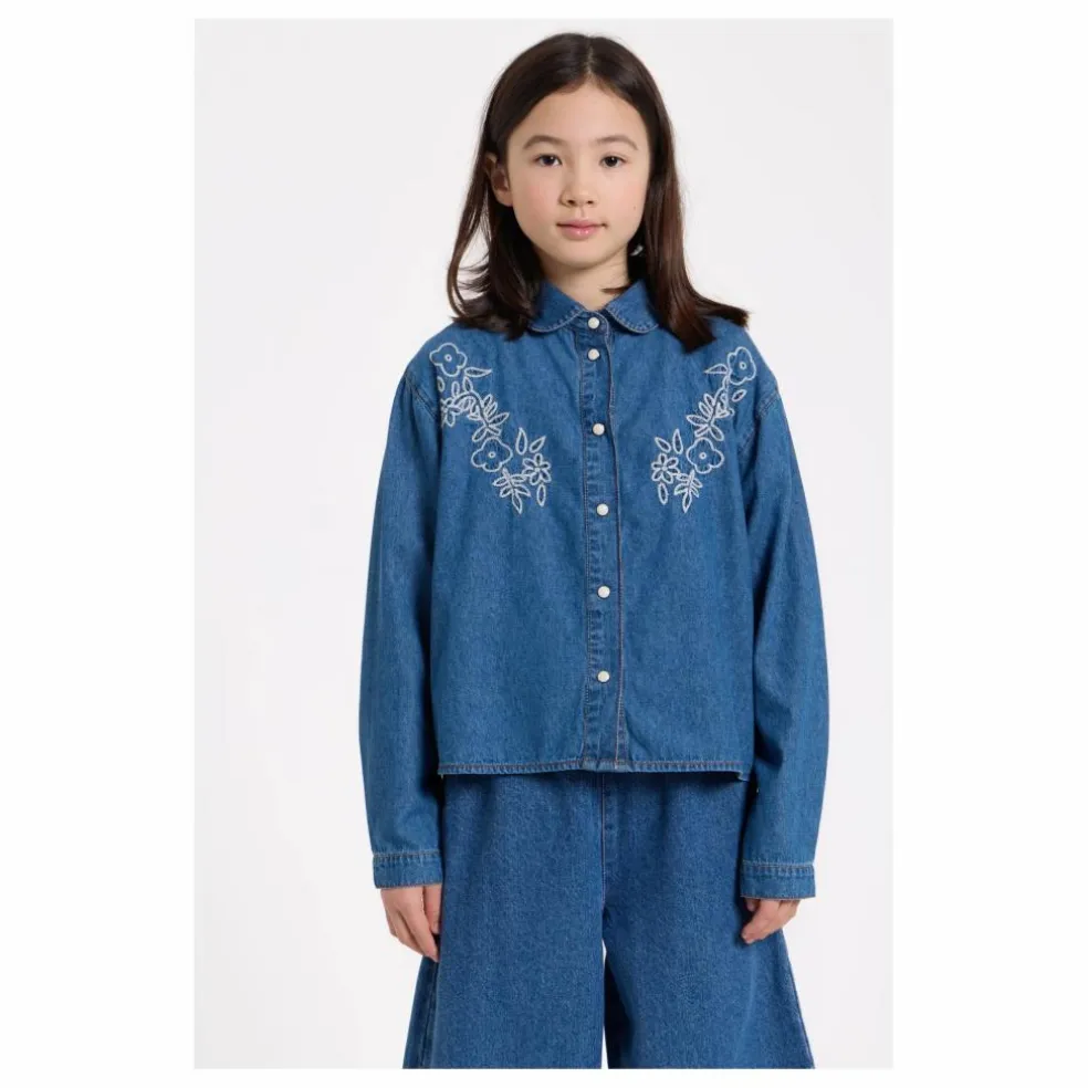 Chemise Courte Brodée Clara | Bleu jean