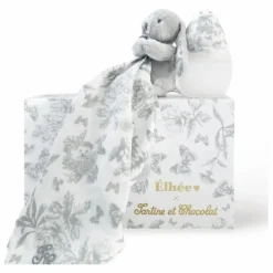 Coffret biberon en silicone médical et doudou lange Augustin le lapin Toile de Jouy - Elhée x Tartine et Chocolat | Gris