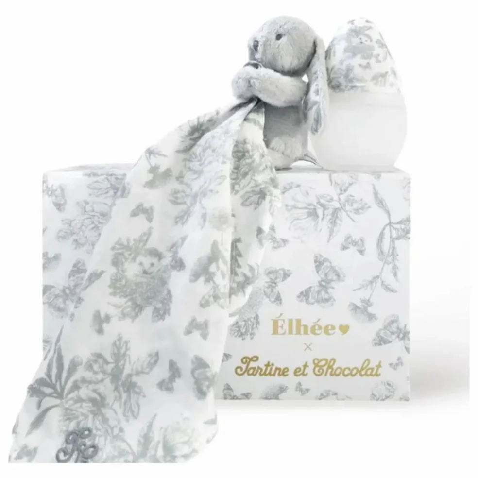 Coffret biberon en silicone médical et doudou lange Augustin le lapin Toile de Jouy - Elhée x Tartine et Chocolat | Gris