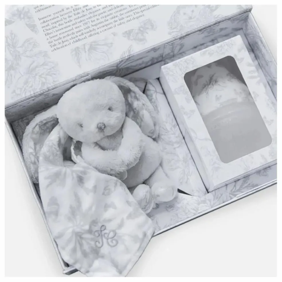 Coffret biberon en silicone médical et doudou lange Augustin le lapin Toile de Jouy - Elhée x Tartine et Chocolat | Gris