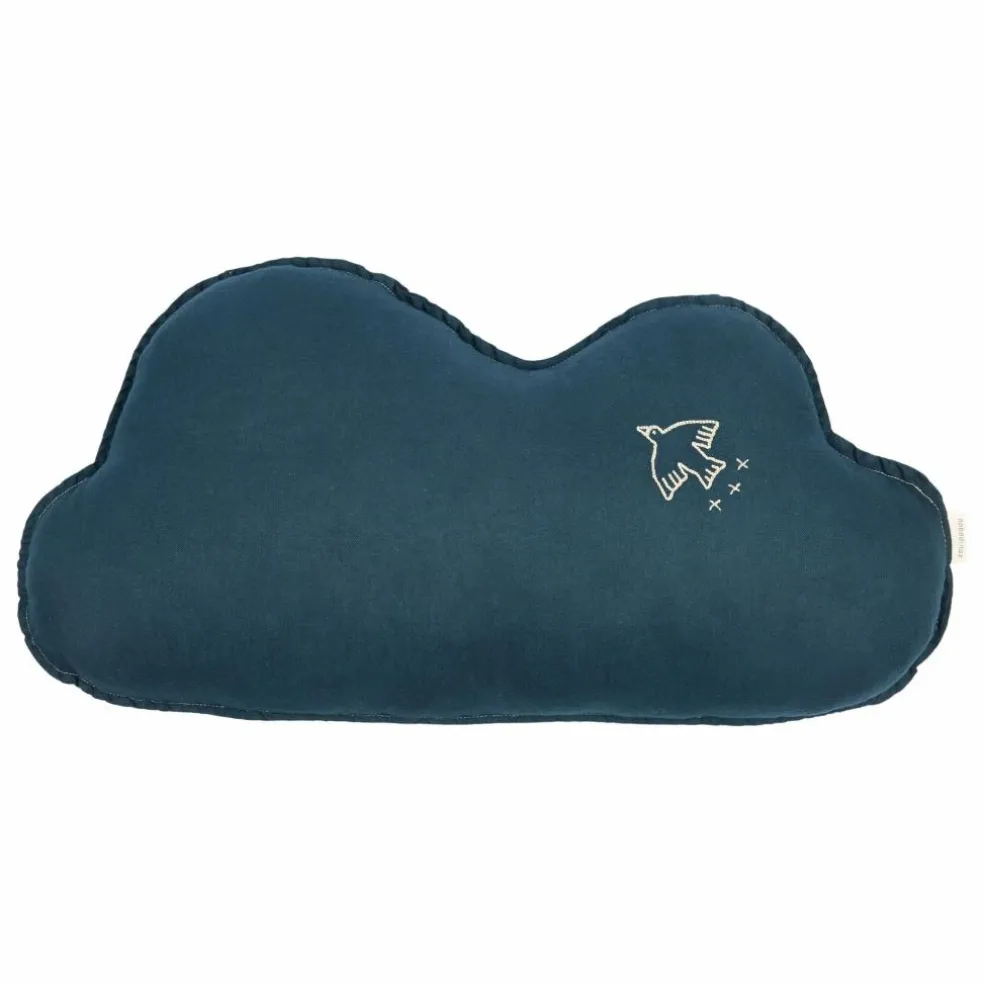 Coussin Nuage avec broderie Oiseau - Lin Français | Bleu nuit