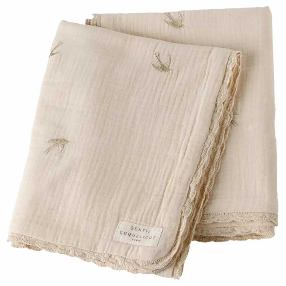 Couverture brodée hirondelles en gaze de coton