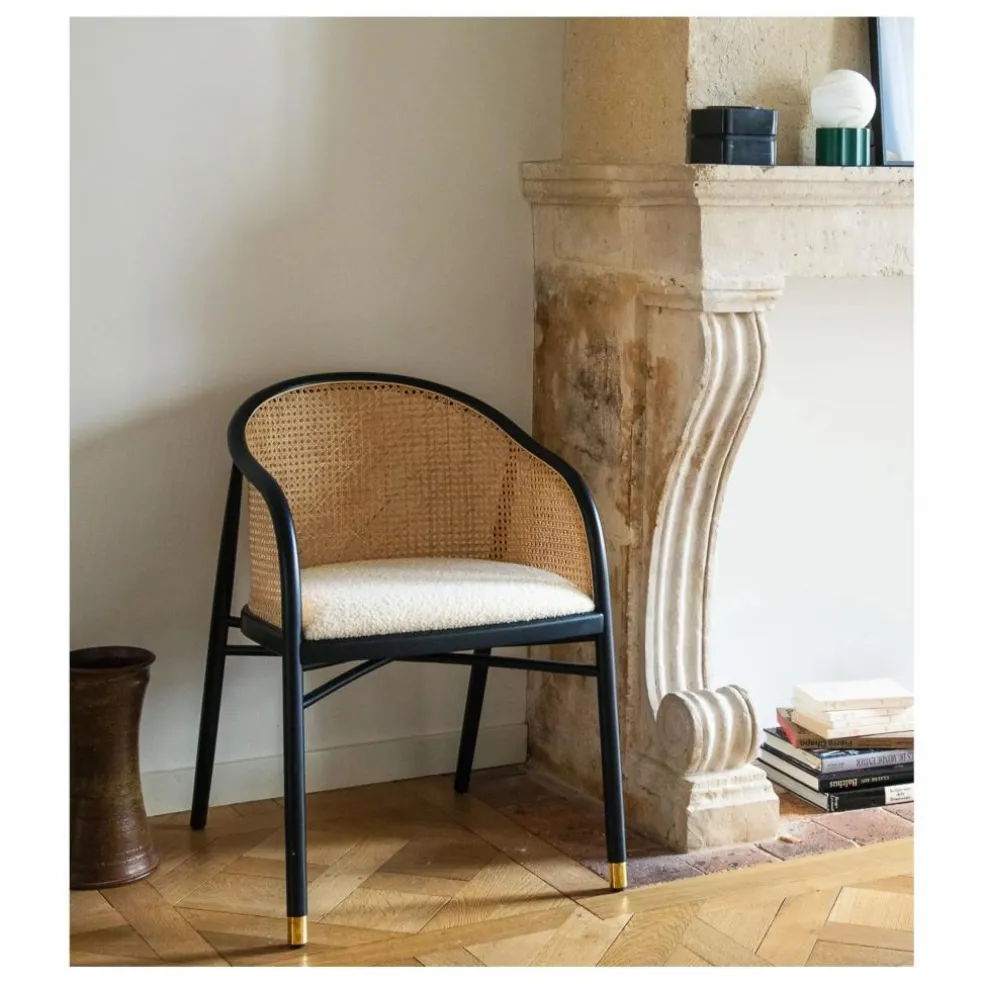 Fauteuil cannage Cavalo en hêtre et laine bouclette | Crème