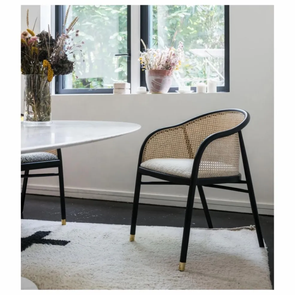 Fauteuil cannage Cavalo en hêtre et laine bouclette | Crème