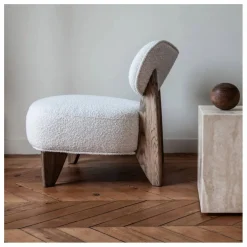 Fauteuil Nicolo en bouclette et chêne fumé - 65 cm | Off-White