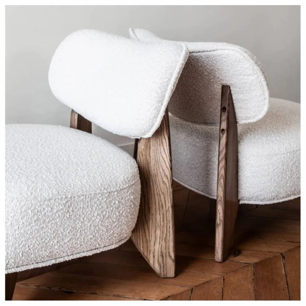 Fauteuil Nicolo en bouclette et chêne fumé - 65 cm | Off-White