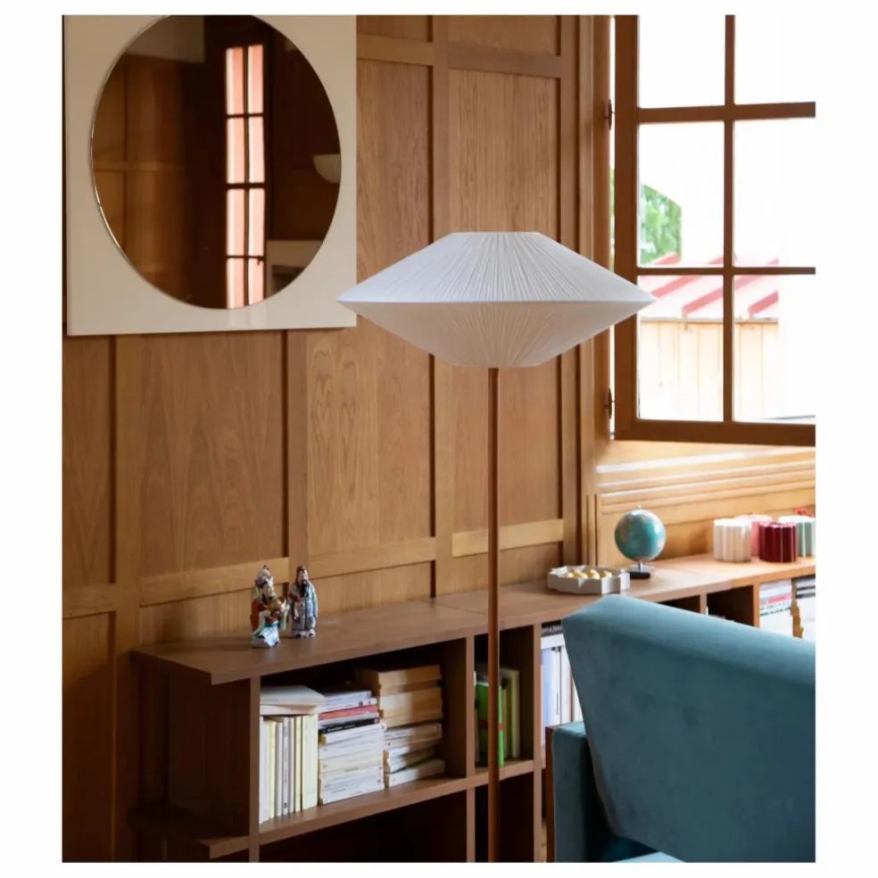 Lampadaire Brera pied cuir et abat-jour coton plissé | Cognac