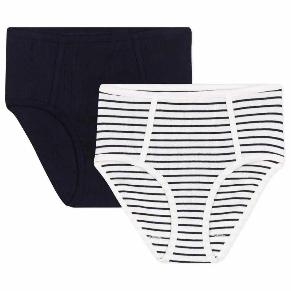 Lot 2 Culottes Tailles Hautes Rayées Coton Bio | Bleu marine