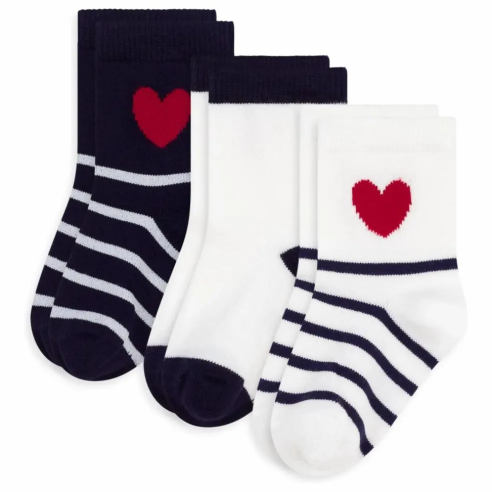 Lot de 3 Paires de Chaussettes Rayées Cœur | Blanc