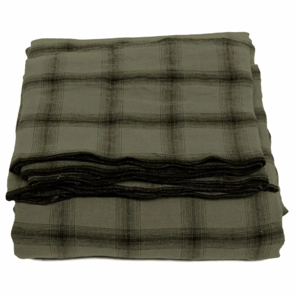 Nappe Highlands à carreaux en lin lavé | Vert kaki