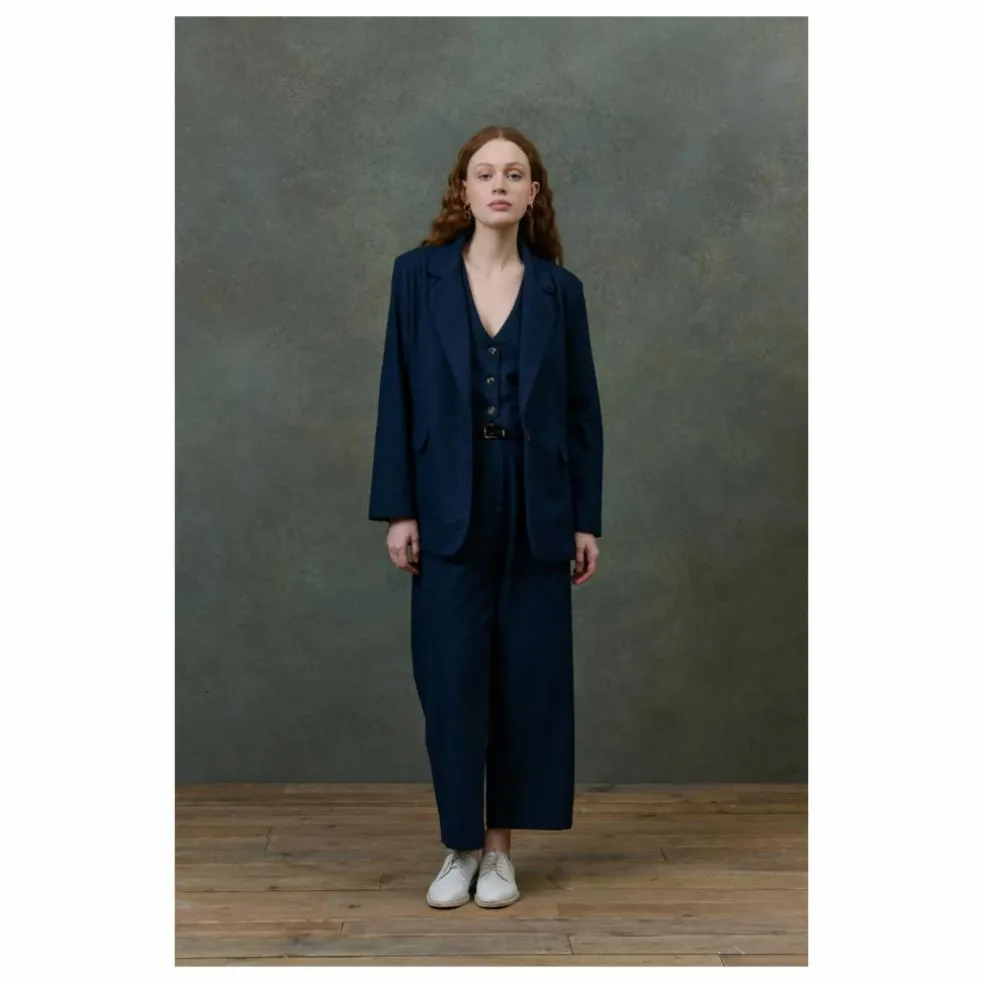 Pantalon Abuela Heringbone Laine - Collection Femme | Bleu marine