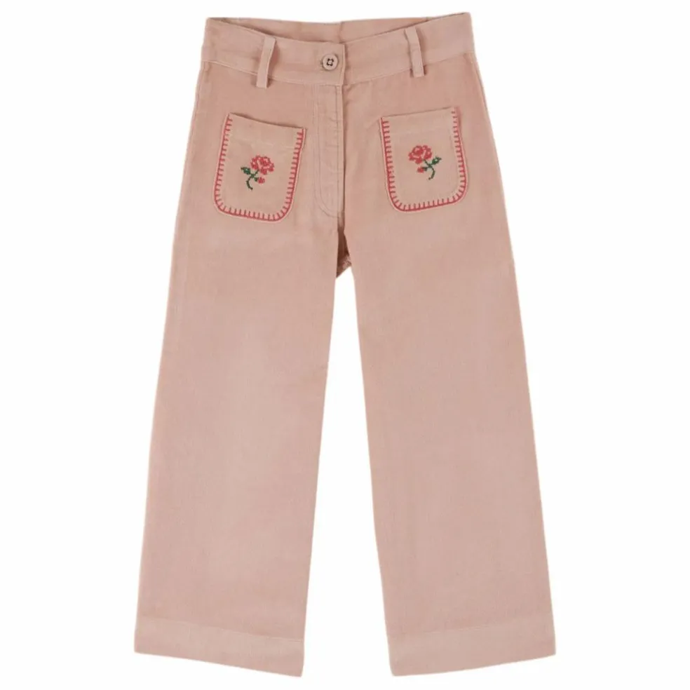 Pantalon Brodé Velours Côtelé | Rose pâle