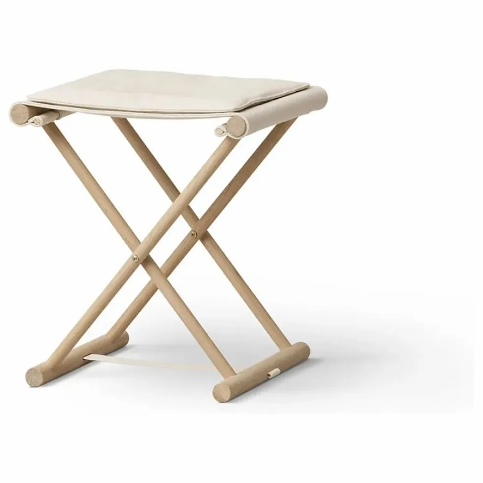 Petit tabouret Camp en chêne et toile