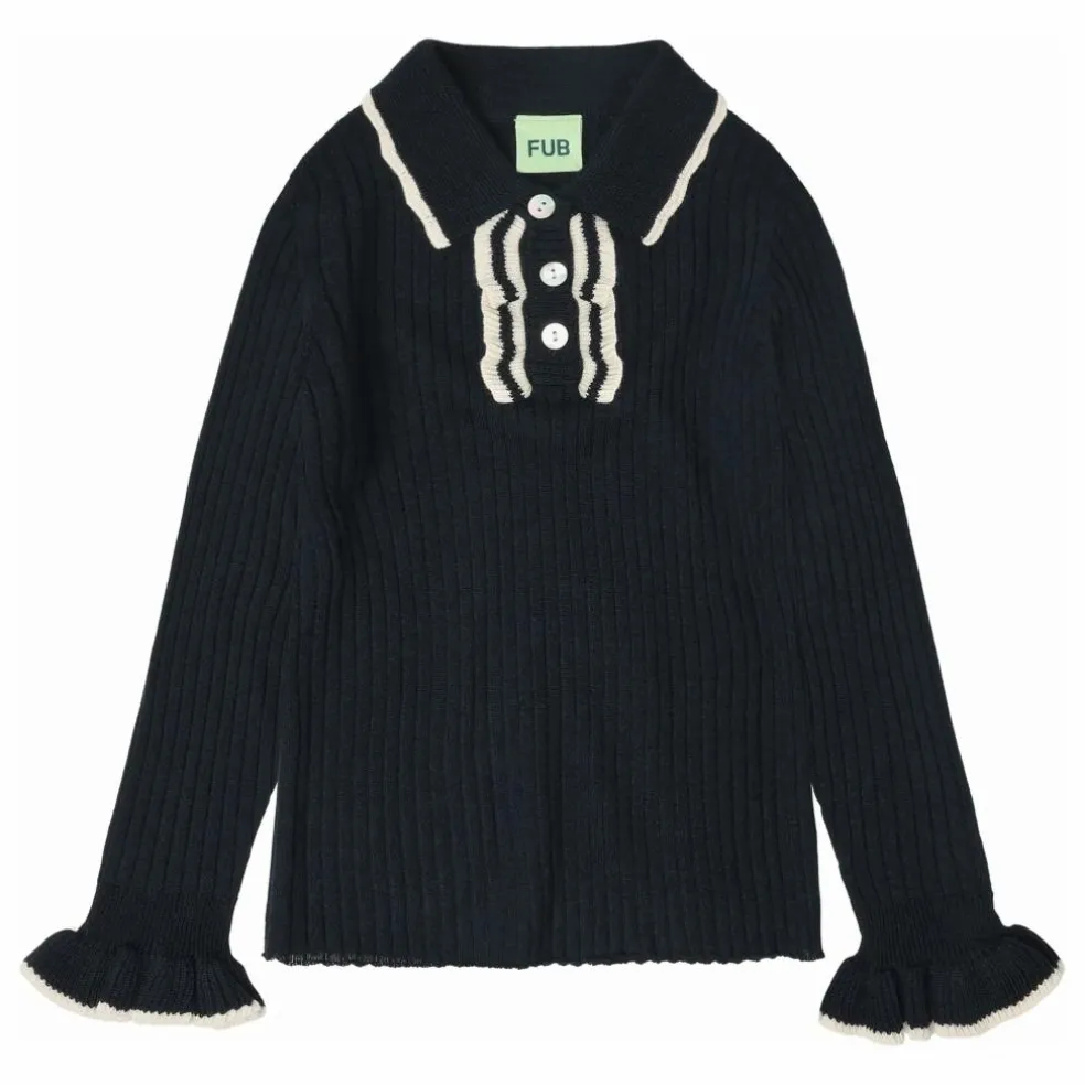 Polo Volants Maille Fine Laine de Mérinos | Bleu marine