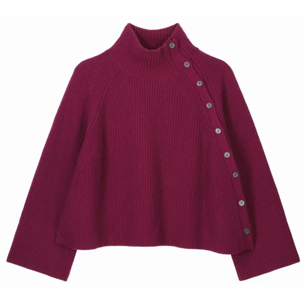 Pull Col Montant Boutonné Oversize Côtes Cachemire | Prune