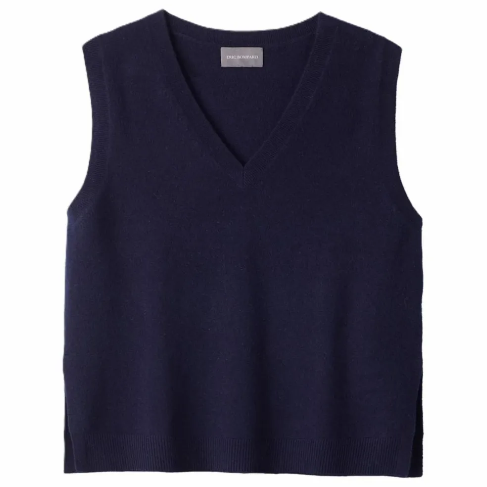 Pull Col V Sans Manches Ample Cachemire | Bleu marine
