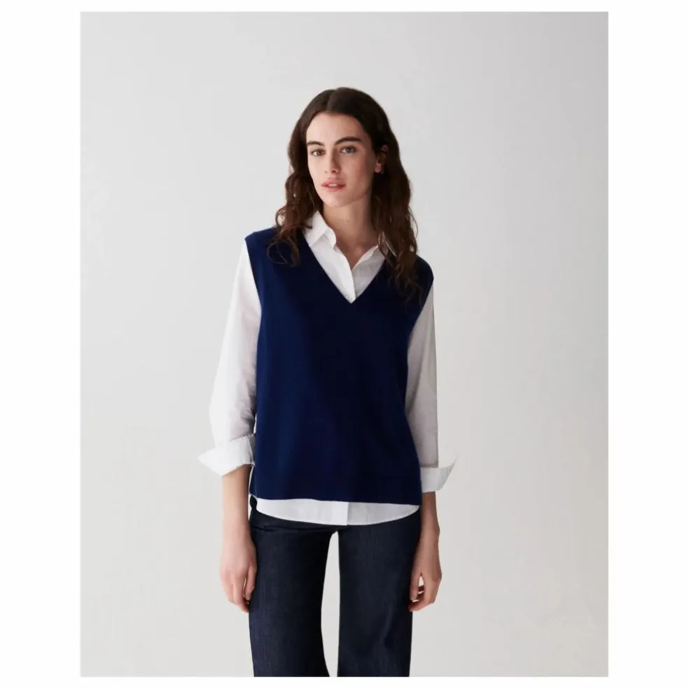 Pull Col V Sans Manches Ample Cachemire | Bleu marine