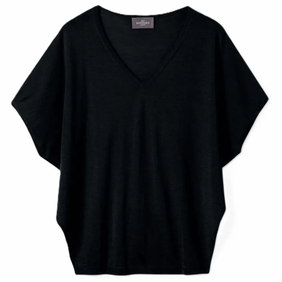Pull Col V Ultrafin Chauve-Souris Cachemire et Soie | Noir