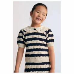 Pull Manches Courtes Rayures Marina Coton Bio | Bleu marine