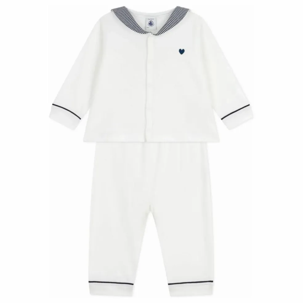 Pyjama Col Rayé Coton Bio | Blanc