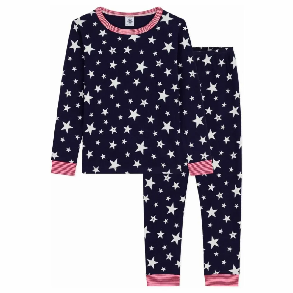 Pyjama Etoiles Col Rayé Coton Bio | Bleu nuit