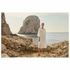 Robe Brodé Manches Longues en Coton Bio | Blanc cassé