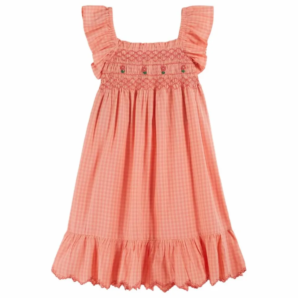 Robe Brodée Smockée Vichy Pivoine | Rose pêche