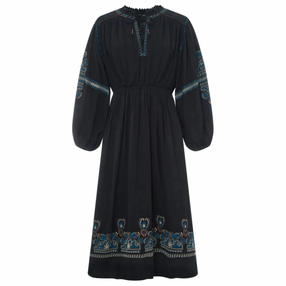 Robe Midi Brodée gaze de coton bio | Noir