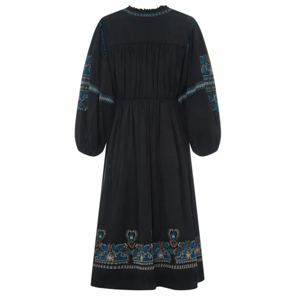 Robe Midi Brodée gaze de coton bio | Noir