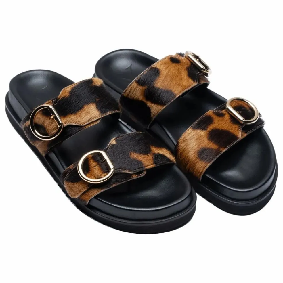 Sandales Double Boucles Léopard | Camel
