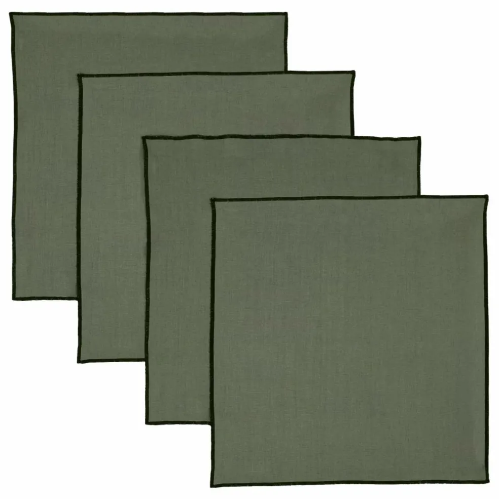 Serviette de table en lin lavé-surfilée - Set de 4 | Vert kaki