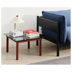 Table basse en verre Kofi, pietement en chêne | Rouge