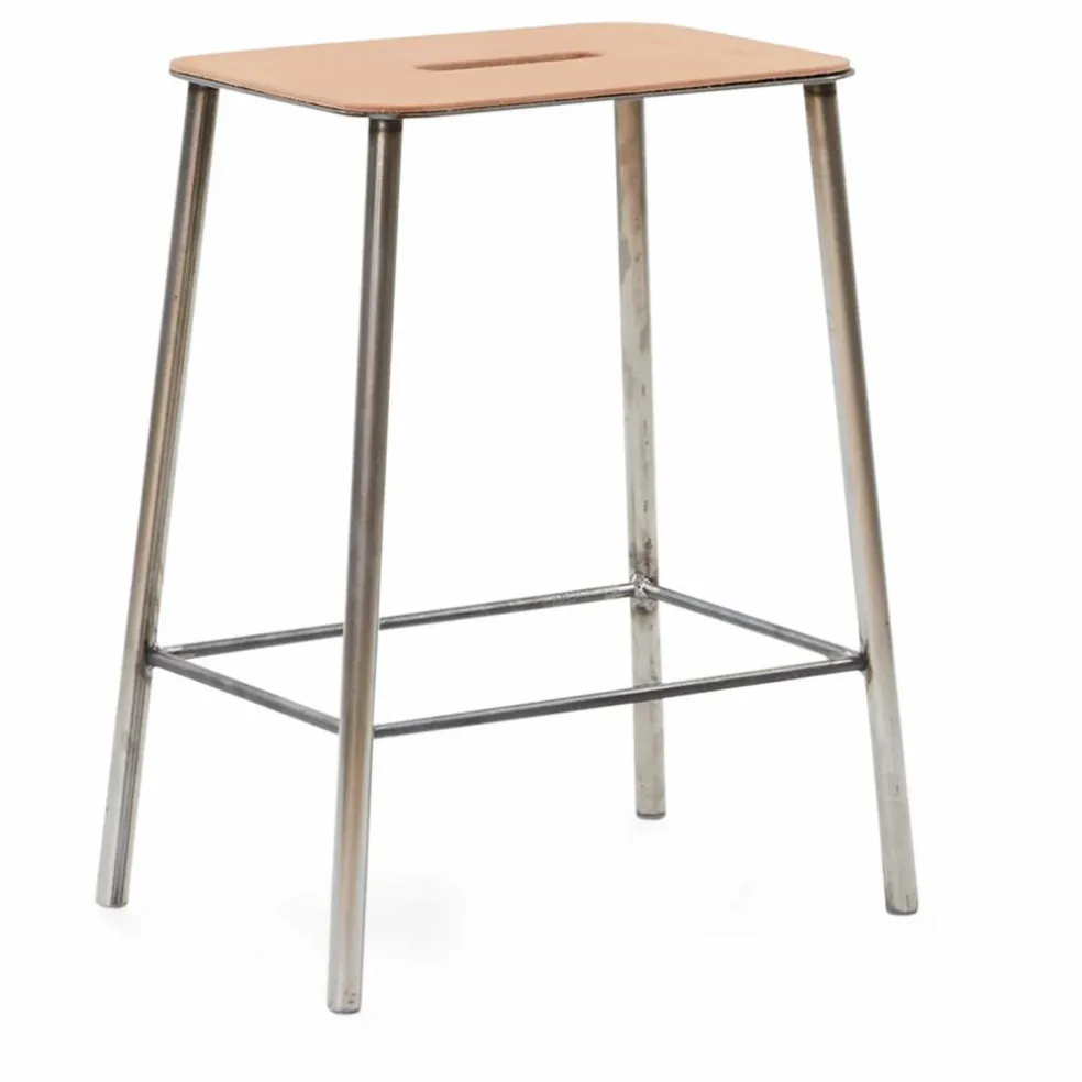Tabouret Adam, assise en cuir | Argenté