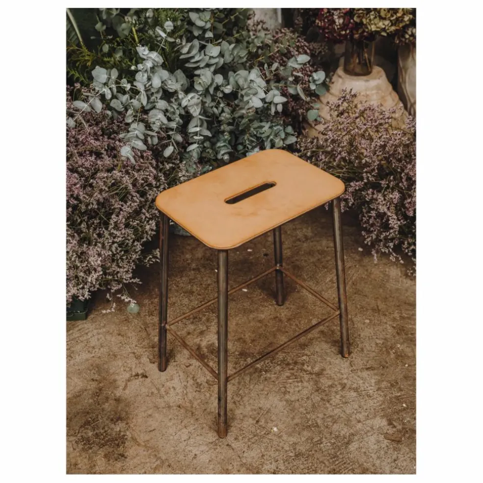 Tabouret Adam, assise en cuir | Argenté