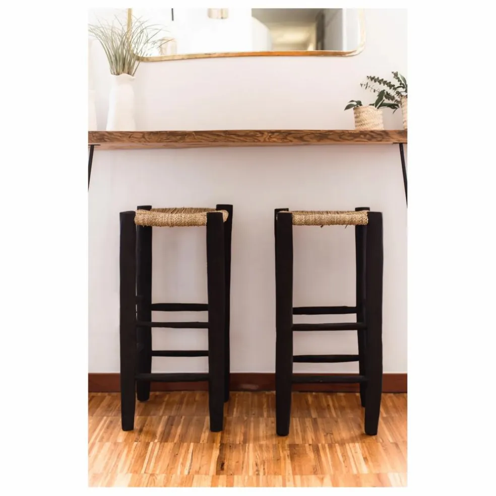 Tabouret de bar en bois peint et palme | Noir
