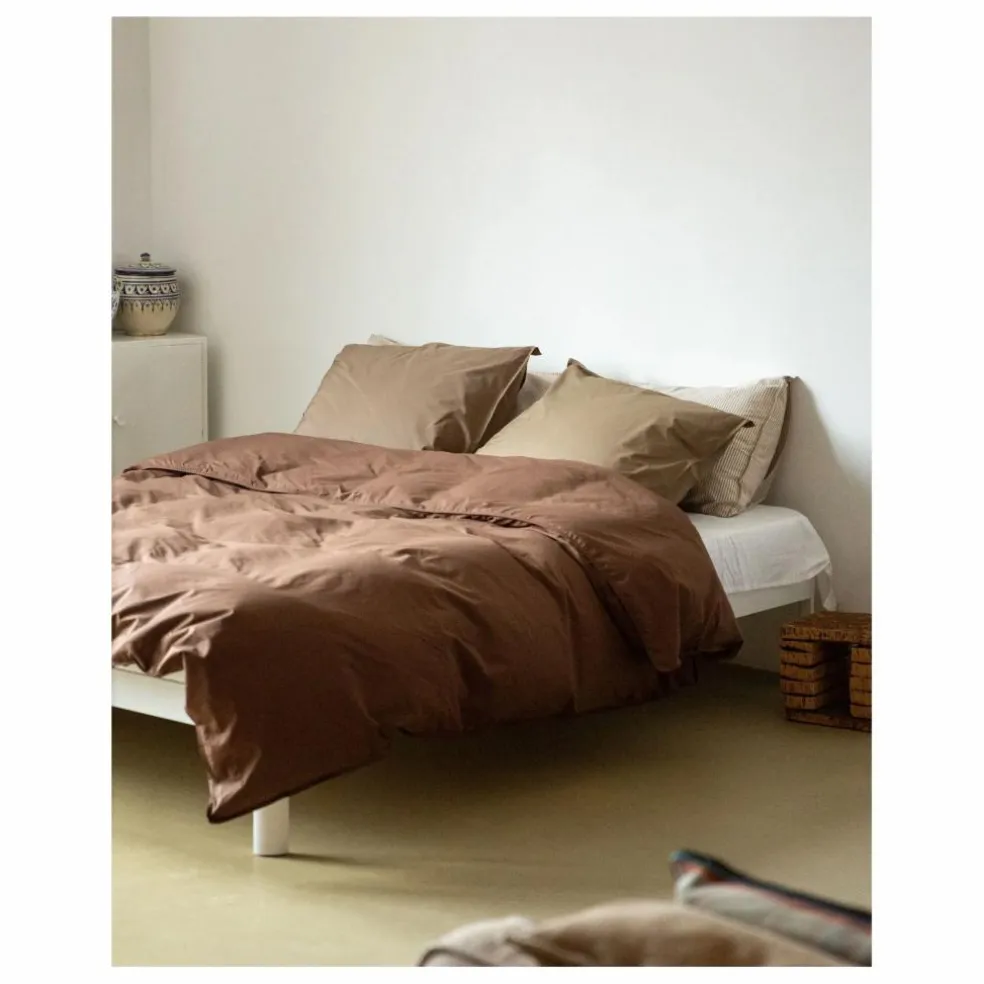 Taie d'oreiller Striped en percale organique - Brown-Ecru | Marron