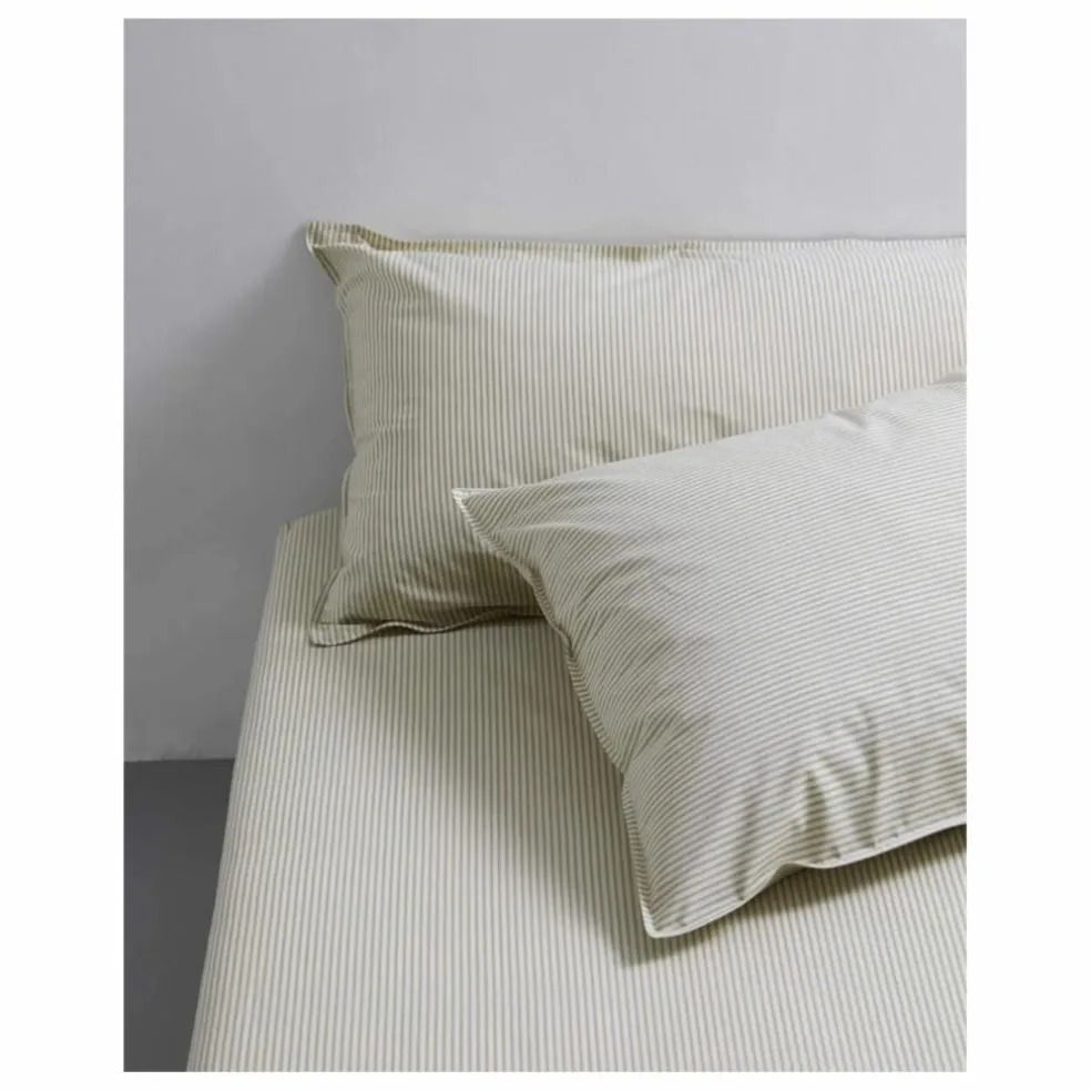 Taie d'oreiller Striped en percale organique - Olive-Ecru | Olive