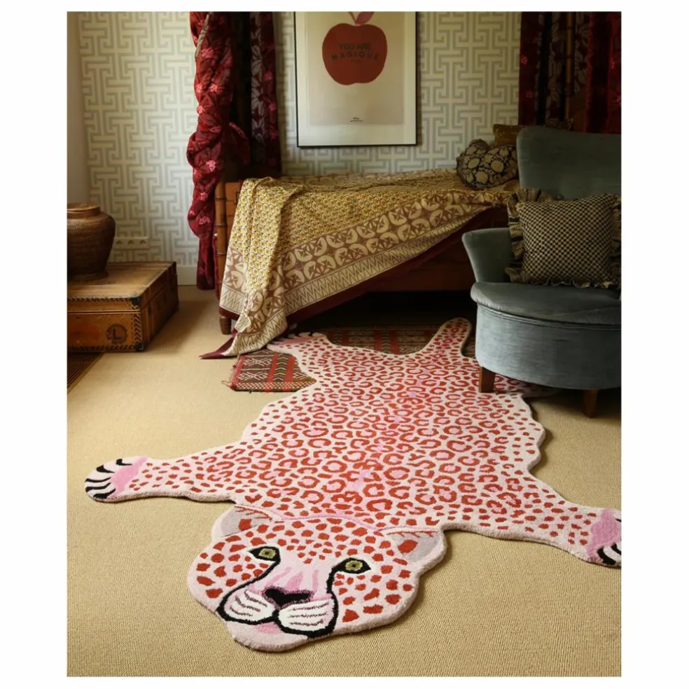 Tapis léopard rose en laine | Rose