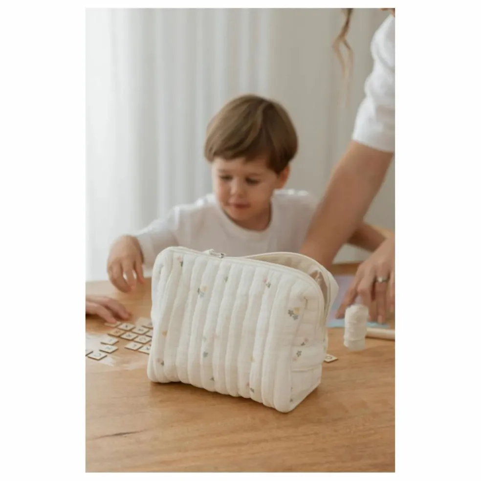 Trousse de toilette Daisies en coton bio | Ecru