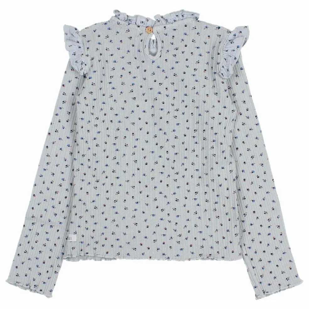 T-shirt Côtelé Fleuri | Bleu gris